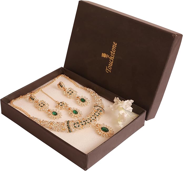 Touchstone Indian jewelry sets for women wedding gold kundan necklace traditional earrings tikka bollywood party style white crystal rhinestone guest gift bridal costume prom dainty accessories
