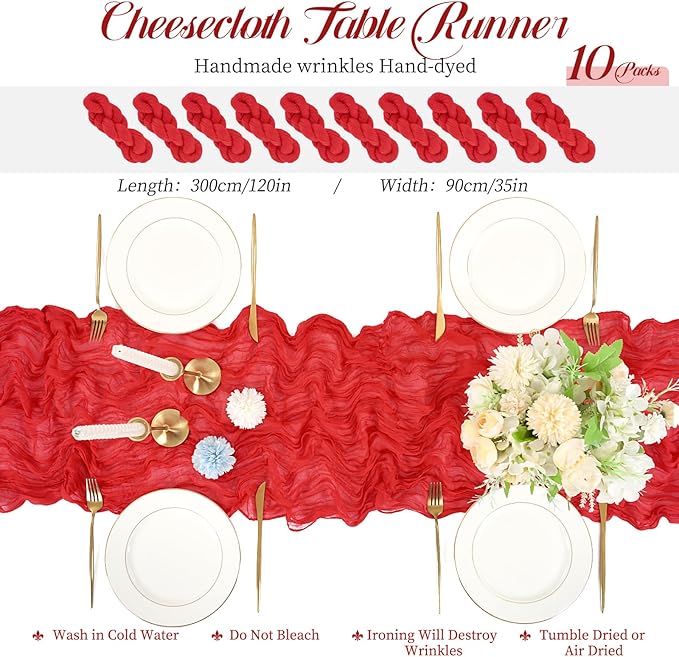 10 Packs Cheesecloth Table Red, 10Ft x 35" Rustic Gauze Boho Wedding Table Runner Decoration, Wedding Table Decor Table Cloth for Wedding Party Bridal Shower Table