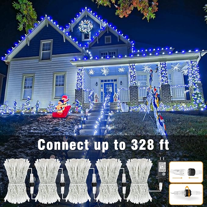 66FT 200 LED Christmas Lights Outdoor, Plug in Christmas String Lights Waterproof with 8 Modes, Connectable Clear Wire Fairy Light for House Tree Xmas Party Decor, Blue White