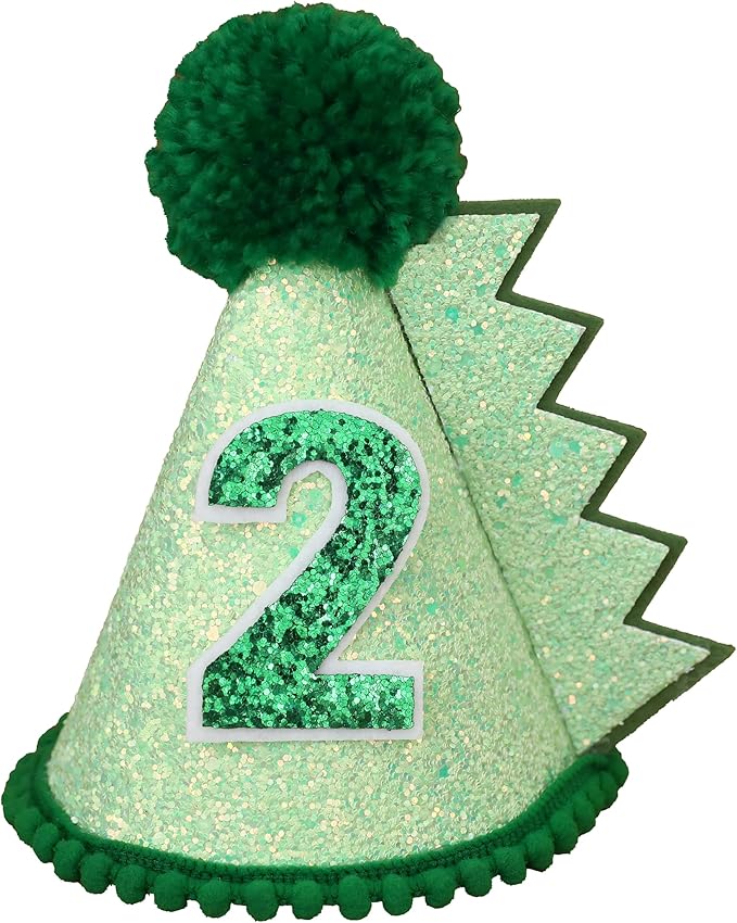 Green Glitter Dinosaur Birthday Cone Hat for 1-5 Years Old Kids Boys Dino Dinousour Birthday Hat Party Decoration