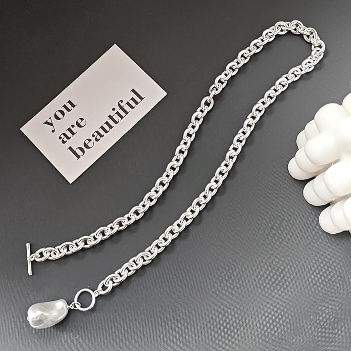 Zeffy 14K Gold/Silver Plated Chunky Thick Chain Toggle Clasp Necklace Dainty Baroque Pearl/Heart/Cross/Turquoise Pendant Necklace