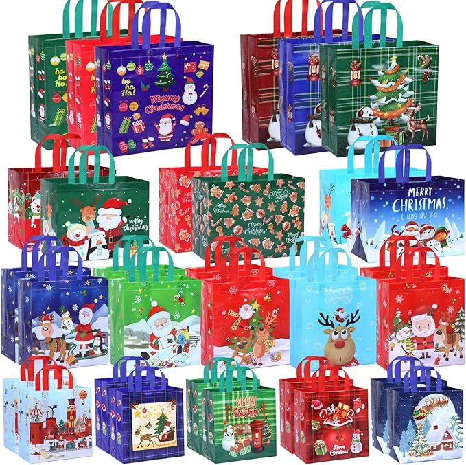 NESCCI 32 Pack Christmas Gift Bags,4 Different Sizes Of Gift Bags,Christma Tote Bags with Handles,Reusable Non-Woven Christmas Bags,Used for Xmas Gifts Packaging, Shopping,Party