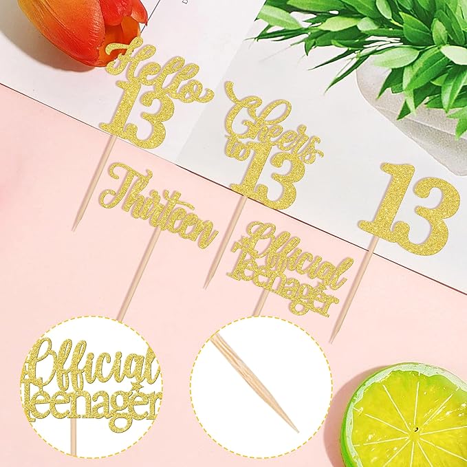 30PCS Happy 13th Birthday Cupcake Toppers Glitter Thirteen Official Teenager Hello 13 Cupcake Picks Cheers to 13 Birthday Decorations for 13th Birthday Anniversary Party Cake Decor Supplies Gold
