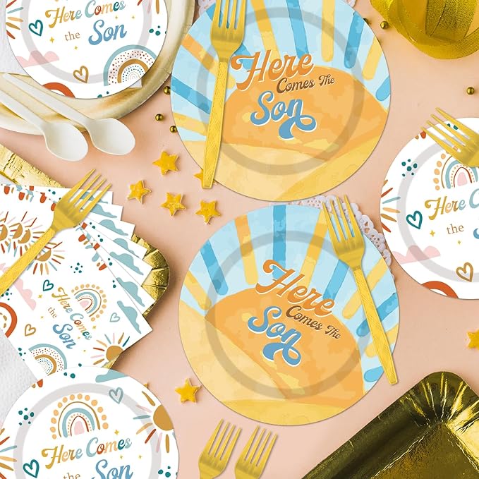 96PCS Here Comes The Son Plates and Napkins Party Supplies Here Comes the Son Baby Shower Decor Sunshine Baby Shower Decorations Boy Boho Sun Tableware Set for 24 Guests