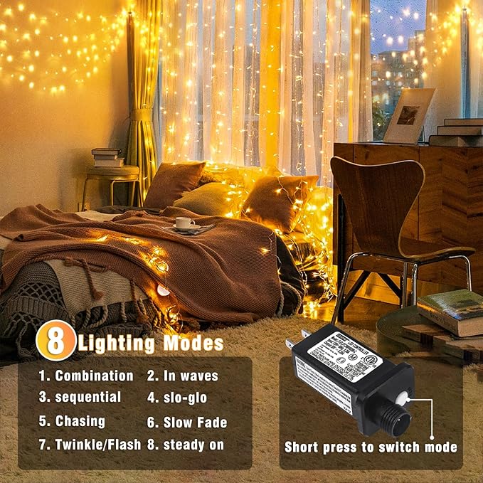 100FT 300 LED Christmas Lights Outdoor, Plug in Christmas String Lights Indoor, Waterproof & 8 Modes & Timer Function, Connectable Fairy Twinkle Light for Bedroom Xmas Wedding Decor, Warm White