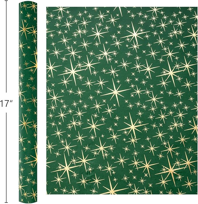 Garbendy Green Christams Wrapping Paper Roll- 17 Inch X 32.8 Feet - Embossing 3D Emerald Green with Gold Foil Star Design for Christmas, Birthday, Wedding, Baby Shower, Bridal Shower, Party