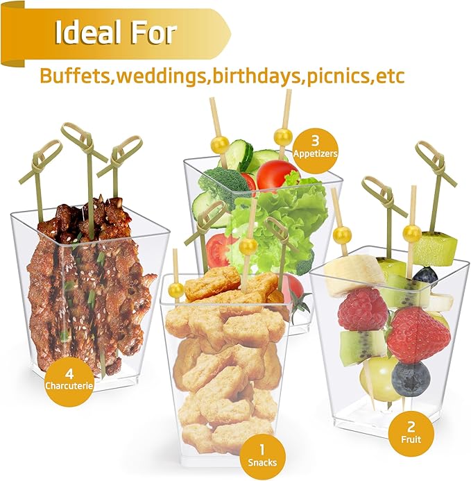 50 Pcs 5 oz Plastic Appetizer Charcuterie Cups with 200 sticks, Clear Dessert Cups with 50 Spoons, Disposable Fruit Parfait Salad Cup for Party