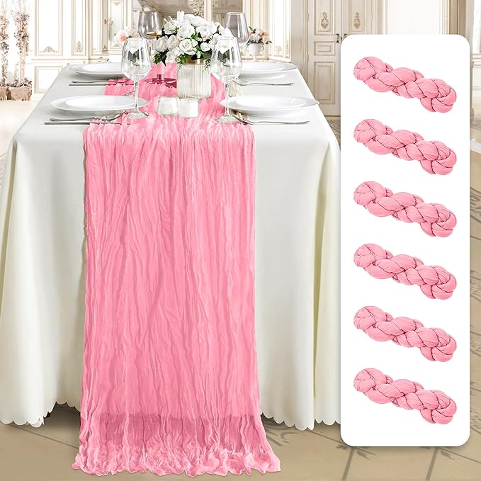 Cheesecloth Table Runner 6 Pack – 35x120 Inch (10ft) Boho Rustic Gauze Cloth Runners – Crinkle Polyester Table Decor for Wedding, Baby Shower, Bridal Shower, Birthday Party and More (Pink)