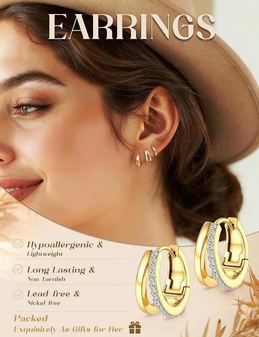 MILACOLATO 3 Pairs Small 14K Gold Plated Hoop Earrings for Women Trendy Hypoallergenic Silver Earring Stacks Huggie Hoops Earring Sets for Multiple Piercing Chunky Double Hoop Jewelry Lightweight