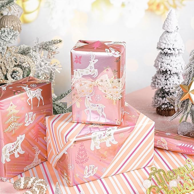 RUSPEPA Christmas Reversible Wrapping Paper Roll for Girls, Mini Roll, Rose Gold Foil Reindeer, Polar Bear, Tree, Floral Design, Pink White Stripes Gift Wrap for Holiday Gifts, 17 Inches x 32.8 Feet
