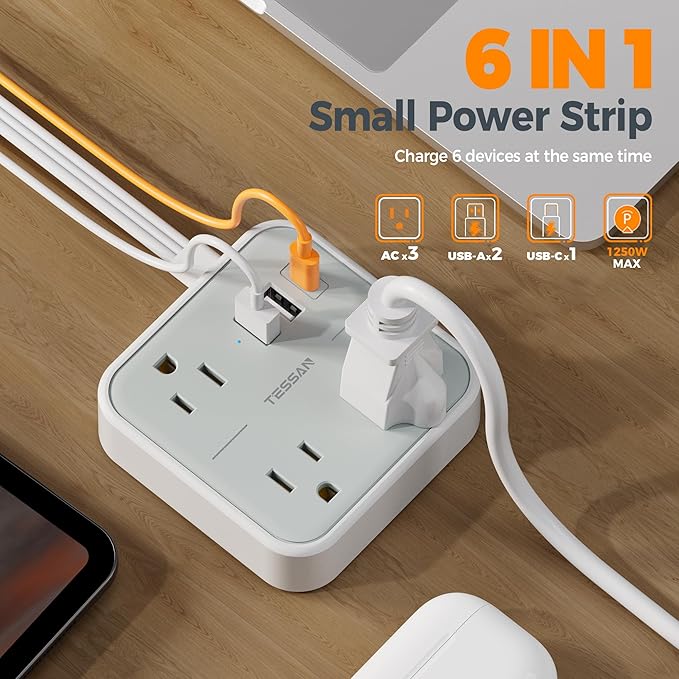 Cruise Essentials, TESSAN Flat Plug Travel Power Strip, Non Surge Protector for Cruise Ship, 3 Outlets 3 USB (1 USB C), 5 FT Extension Cord Small Power Strip with Ring Pull, Portable for Travel
