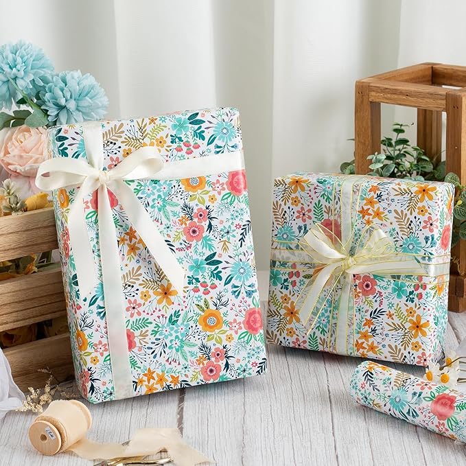 MAYPLUSS Floral Wrapping Paper Roll - 17Inch x 16.5Feet - Garden Boho Flower Gift Wrap Paper Spring Summer Blooms Paper for Wedding, Bridal Shower, Birthday and Engagement