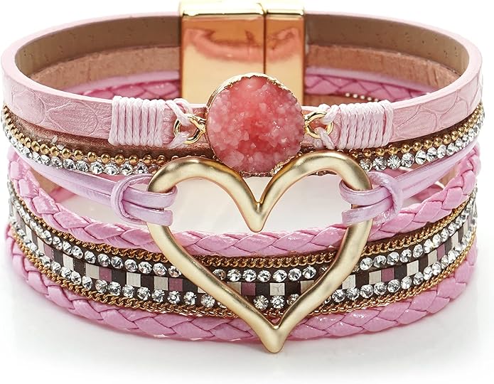 Suyi Multilayer Leather Wrap Bracelet Heart-Shape Wide Cuff Bracelets for Women