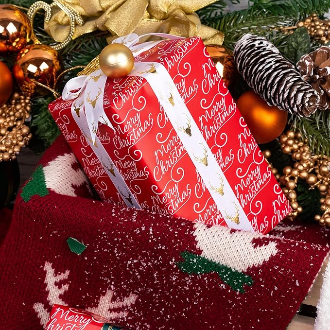 WRAPAHOLIC 30 Inch Jumbo Reversible Red Christmas Wrapping Paper - 30 Inch x 100 Feet Jumbo Roll Merry Christmas and Solid Red Wrapping Paper for Holiday, Party Celebration