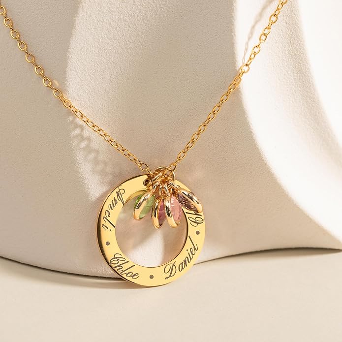 Birthstone Necklace for Mom Jewelry for Women Grandma Necklace Personalized Mothers Day gifs Necklace with 2 Children Kids Names -CIR-BSN