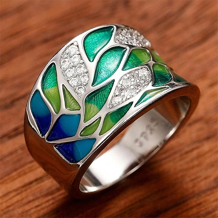 Women Tree of Life Lucky Flower Wide Band Ring Gold Pink Opal Green Enamel Resin Plated Dainty Tree Rhinestone Statement Thumb Index Full Finger Chunky Ring Party Crystal Vintage Jewelry