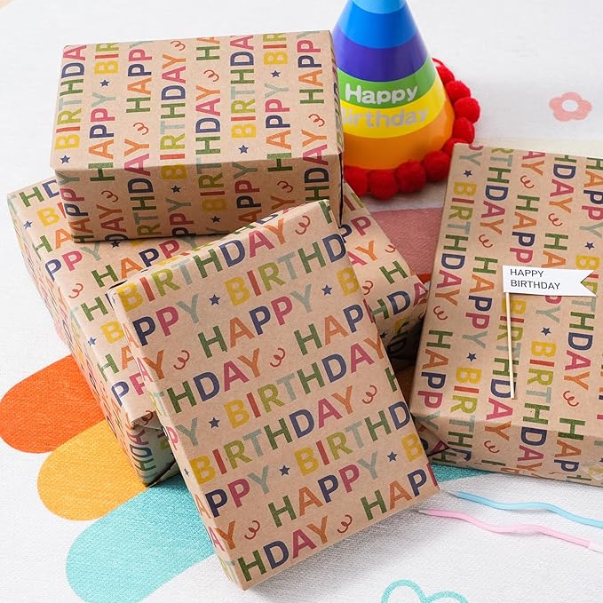 Kraft Birthday Wrapping Paper - Mini Roll - 17 Inches X 33 Feet - for Boys Girls Kids - Colorful Happy Birthday Pattern Great for Teen, Party, Baby Shower