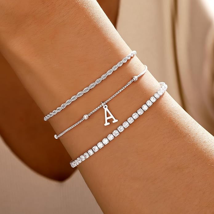 Valentines Day Gifts for Her Kids - Dainty Gold Bracelets for Women Personalized Gold/Silver Initial Bracelet Stack Stackable Rope Box Chain Tennis Bracelets for Girls Jewelry Set