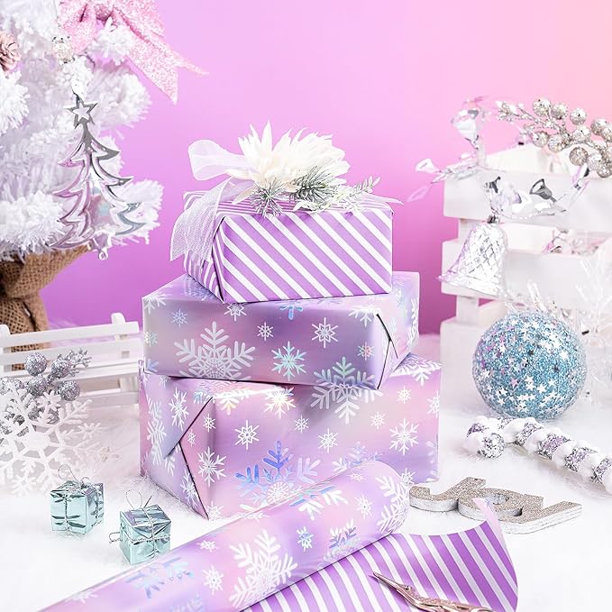 RUSPEPA Christmas Reversible Wrapping Paper Roll for Girls, Mini Roll, Colorful Foil Pastel Snowflake Design and Purple Stripes Dreamy Gift Wrap for Christmas Gifts, Holiday, 17 Inches x 32.8 Feet