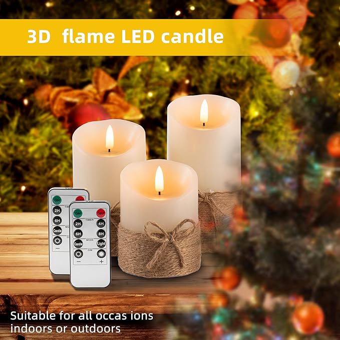 Flameless Candles Battery Operated Pillar Real Wax Electric LED Candle Gift Set with Remote Control and Timer, 4" 5" 6" Pack of 3 (Ivory Wax with Hemp Rope)