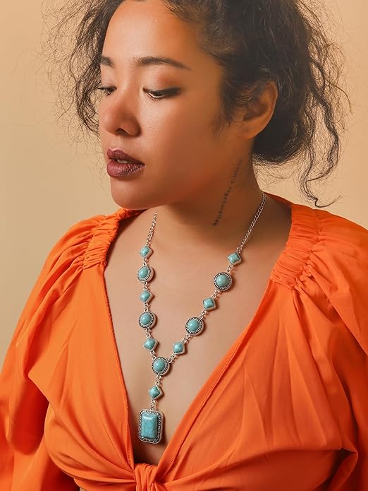 MINACHI Bohemian Created Turquoise Beaded Y-Necklace, Turquoise-toned Multi-shaped Pendant, Dainty Elegant Jewelry for Women