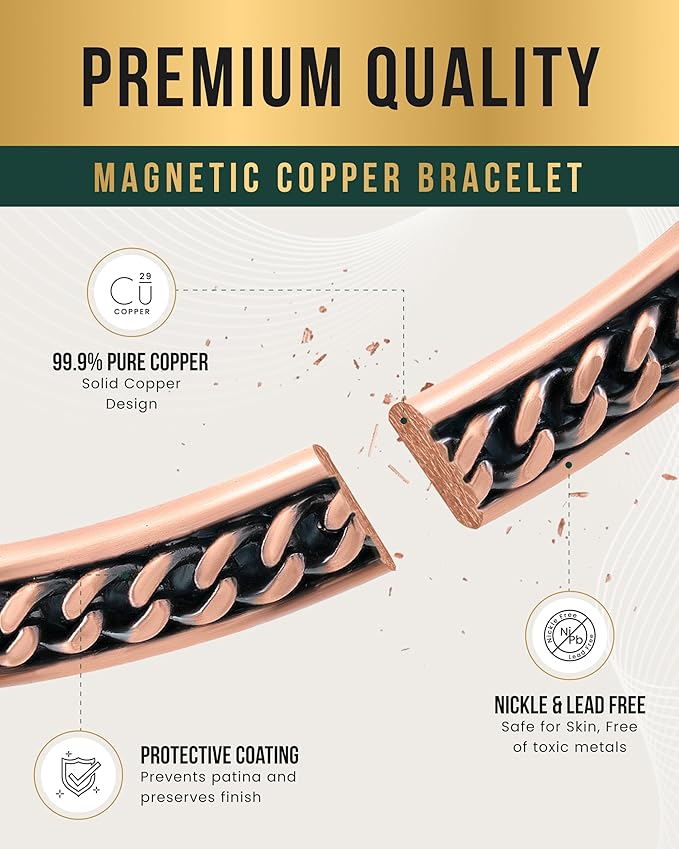 MagnetRX® Copper Magnetic Bracelets – Effective Pure Copper Bracelet for Men and Women – Copper Cuff Adjustable Magnetic Bracelet Bangles (Curb Chain Inlay)