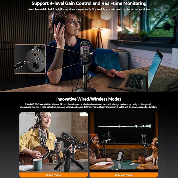 COMICA D10 Pro A Wireless/XLR/USB Dynamic Microphone with Receiver Boom Arm Stand- Dual Channel Cardioid Mic, 45H Battery, RGB Lights, CalMix Denoise for Gaming/Streaming/PD(PC, PS4/5, Mac,Phone)Black