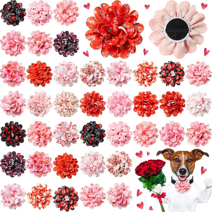 Lyrow 100 Pcs Valentines Day Dog Collar Flowers Bulk Dog Charms Grooming Accessories Pink and Red Heart Bow Tie Flower for Puppy Cat Pets Collar Attachment Embellishment Sweet Party Costume