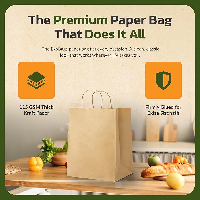 EKOBAGS Granvia | 10x7x12 inches | 25-Pack Kraft Paper Gift Bags with Handles | 115 GSM Brown Paper Bags for Small Business, Shopping & Party Favors | Recyclable | Holds up to 13.8L/8 lbs
