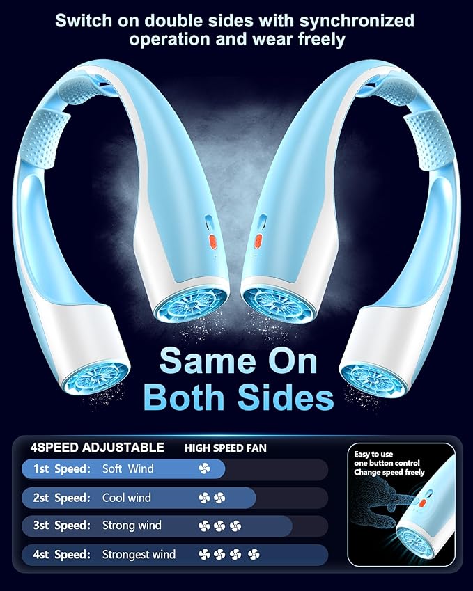 AI Neck Fan, 4 Speeds Adjustable Portable Personal Fan Rechargeable, 4000 mAh Battery Faster Cooling Wearable Fan, Ultra Quiet for Home, Office, Travel, Outdoor - White Blue