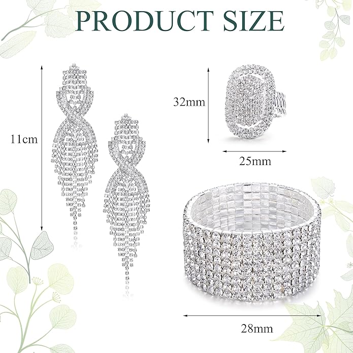Sllaiss Rhinestone Bridal Jewelry Set for Women Sparkling Rhinestone Stretch Bracelet Ring Dangle Tassel Earrings Set Costume Jewelry