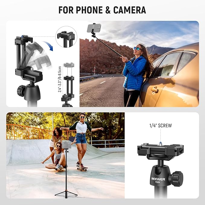 NEEWER Basics 59" Selfie Stick Tripod Compatible with iPhone DLSR Canon Sony Camera, Small Metal Portable Travel Desk Stand for Video Recording Filming, TS04