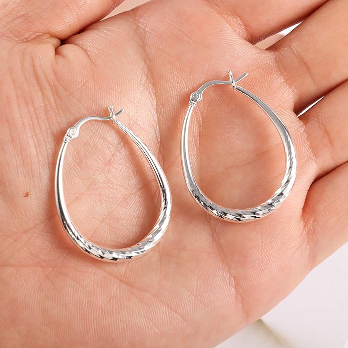 Silver Oval Hoop Earrings Hypoallergenic 14K Gold Plated Sterling Silver Lightweight Oval Hoop Earrings for Women Gilrs