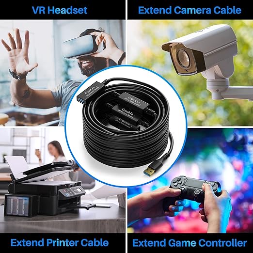 USB 3.0 Active Extension Cable 100 Feet, Long USB Type-A Male to Female Extender Cord, Built-in 3 Signal Booster Smart Chips, 5Gbps Transfer, Black USB Extension Cable with an AC Power Adapter (5V 2A)