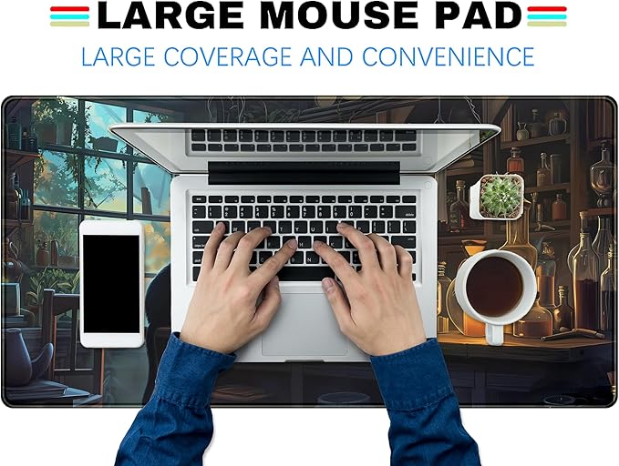 Cute Kawaii Cat Desk Mat XXL Large Gaming Mouse Pad Anime Cats Desk Pad, Vintage Computer Mat for Women Office Desk Decor Pad Gamer Gift, Laptop Keyboard Mouse Mat with Stitched Edges 31.5x15.75 in
