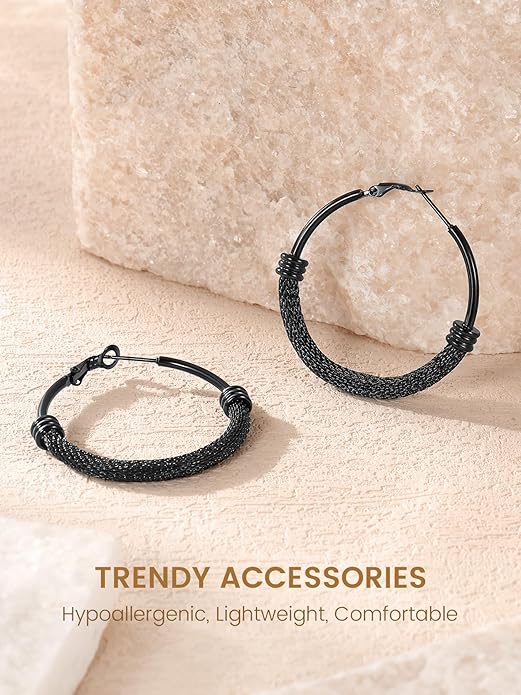 KeyStyle Mesh Hoop Earrings for Women, Stainless Steel Gold Hoops Earring Lightweight Loops, 2MM Thick Hypoallergenic Circle Endless Hollow Hoop 20mm-80mm