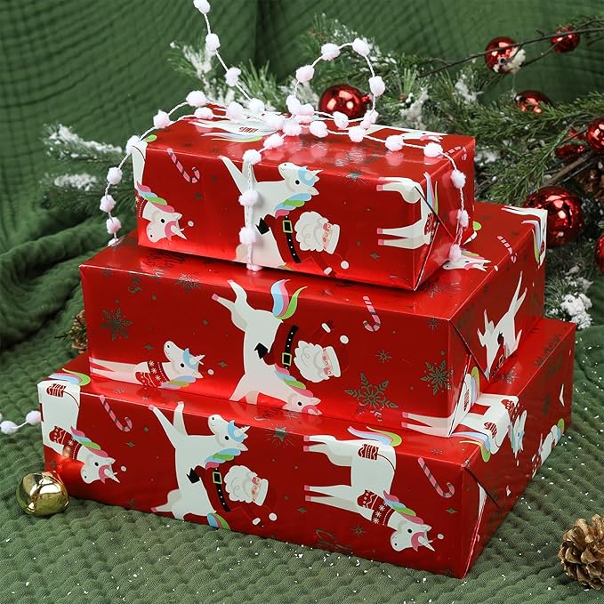 LaRibbons Christmas Foil Wrapping Paper Roll, Classic Santa Unicorn Rainbow Design Gift Wrap Paper for Kids, Christmas, Season Party, Holiday, 17 Inch X 33 Feet