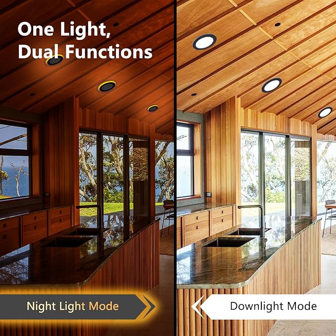 CycevSun 6 Pack Black Recessed Lights 6 Inch with Night Light, Canless Ultra Thin Wafer Downlight Indoor Outdoor Exterior Soffit, Dimmable & 5 Color Selectable, 12W, ETL Listed