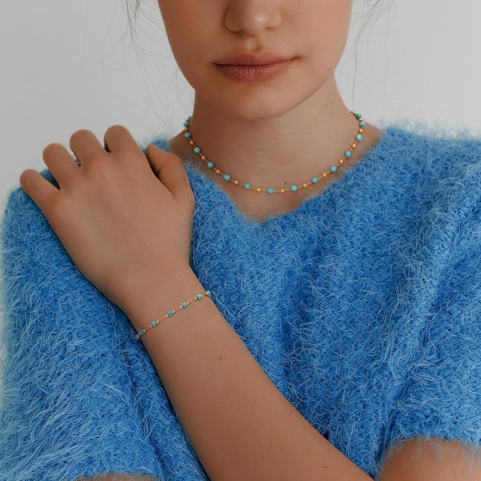 MEVECCO Gold Round Turquoise Beaded Bracelets,14K Gold Plated Handmade Cute Dainty Bracelet for Women