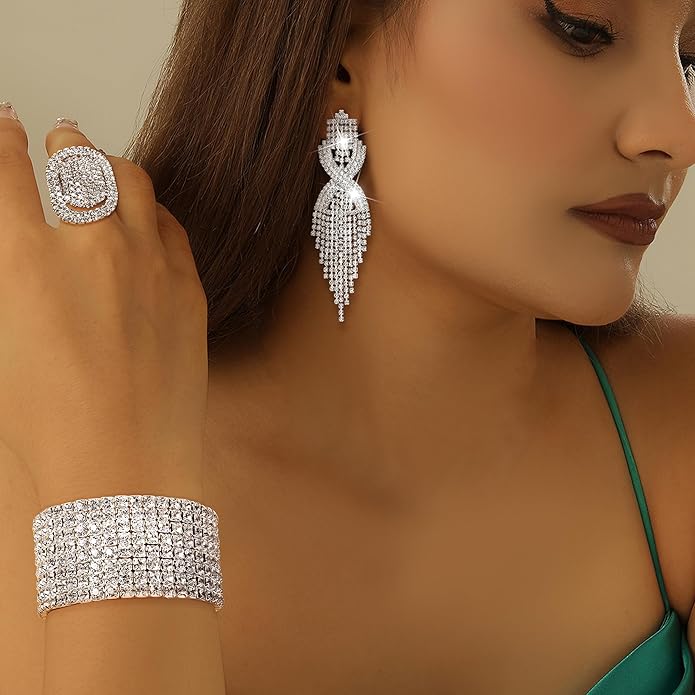 Sllaiss Rhinestone Bridal Jewelry Set for Women Sparkling Rhinestone Stretch Bracelet Ring Dangle Tassel Earrings Set Costume Jewelry