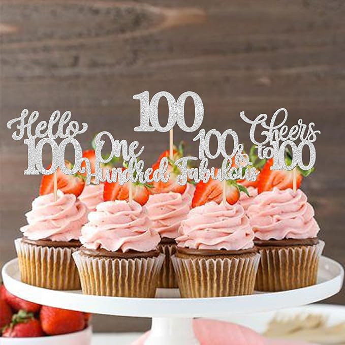 30PCS Happy 100th Birthday Cupcake Toppers One Hundred Cheers to 100 Years Birthday Cupcake Picks Hello 100 Fabulous Cake Decorations for Happy 100th Birthday Anniversary Party Supplies Silver