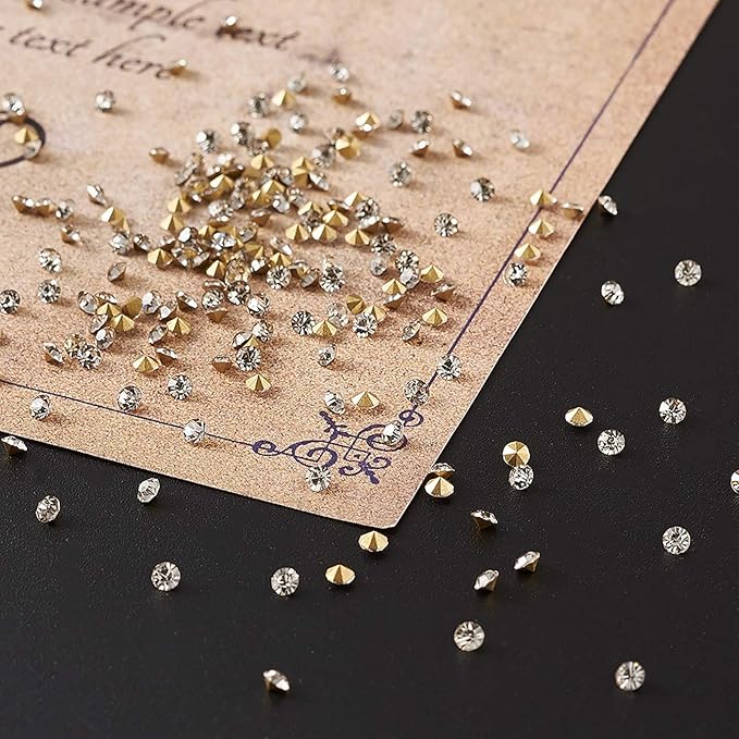 Fashewelry 2mm Pointed Back Clear Glass Rhinestone 1440Pcs Faceted Diamond Loose Stone with Golden Back Mini Crystal Diamante Gems for Nail Art Craft Replacing Jewelry