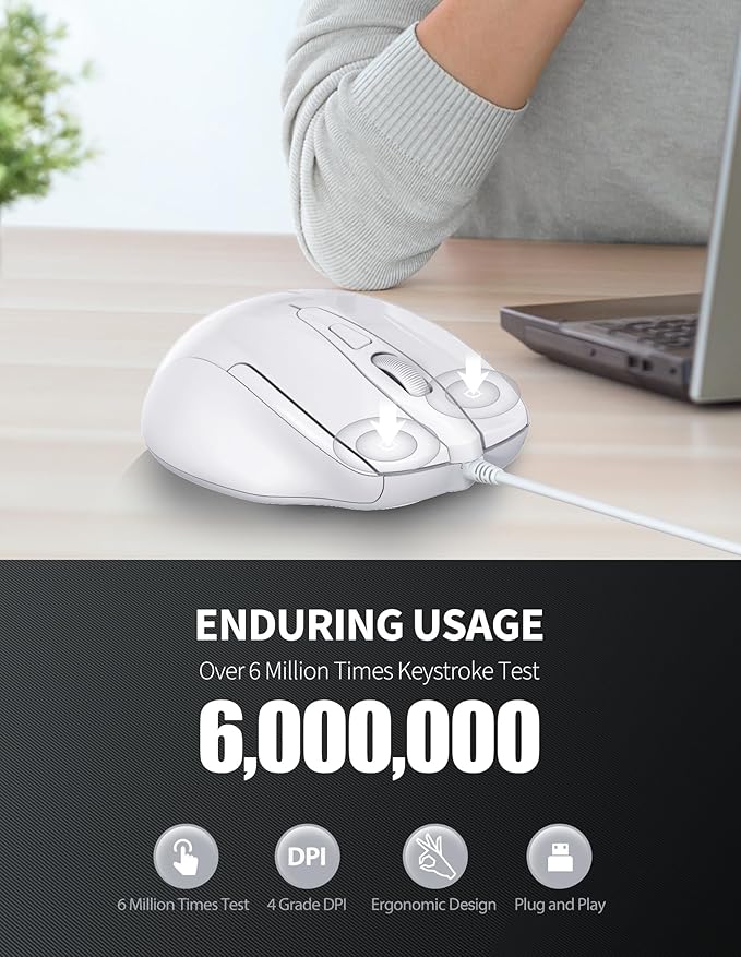 TECKNET USB Wired Mouse, 6-Button Corded Mouse with 4 Adjustable DPI, Optical Computer Mouse with Ergonomic Design and 5FT Cord for Laptop, Chromebook, PC, Desktop, Mac, Notebook-LT.White