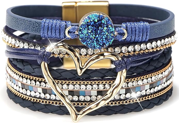 Suyi Multilayer Leather Wrap Bracelet Heart-Shape Wide Cuff Bracelets for Women