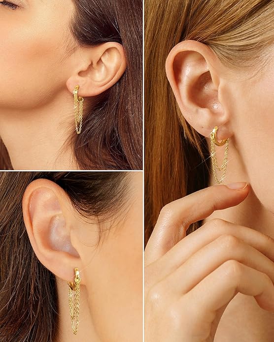 Tassel Chain Small Gold Hoop Dangle Earring For Women Huggie Earring Heart Star CZ 14K Gold Plated Fashion Jewelry Friendship Gift