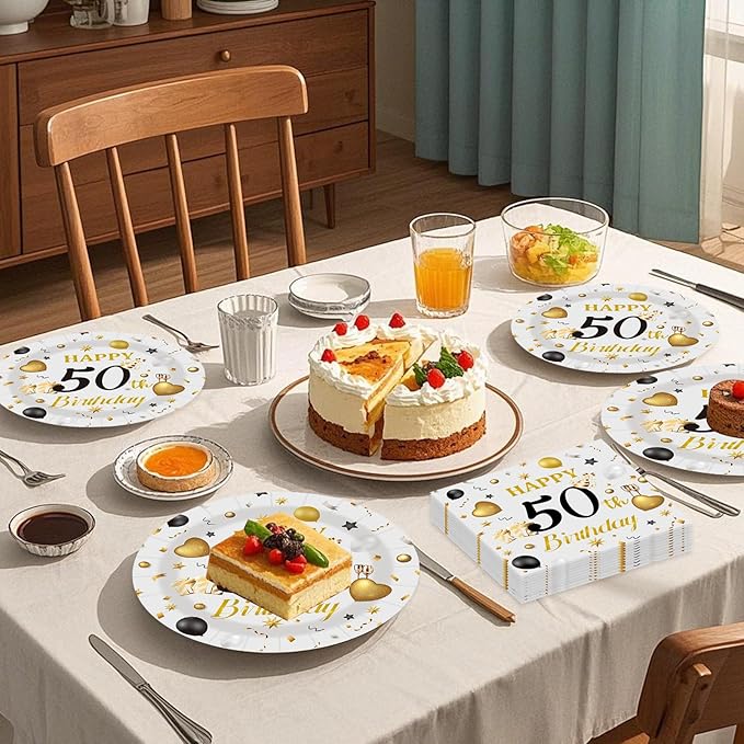 75PCS 50th Happy Birthday Plates and Napkins Party Decorations, 7 Inch Premium Grey and Gold Birthday Paper Dessert Cake Plates and Napkins Disposable Tableware Set Party Favors for Women Men