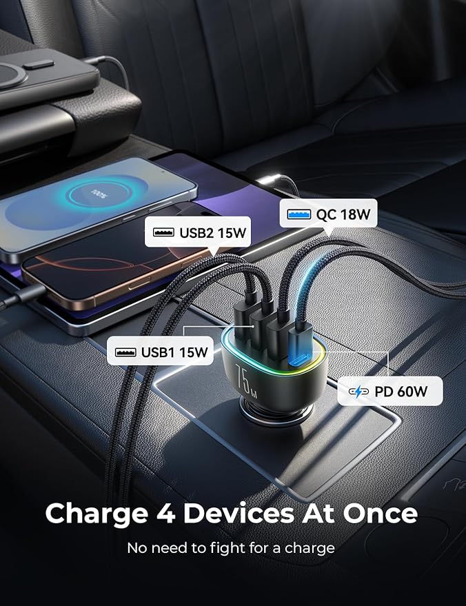 USB C Car Charger Cigarette Lighter Adapter 75W 4-Port Fast Car Charger Fast Charging Compatible with iPhone16/15/14/13 Series
