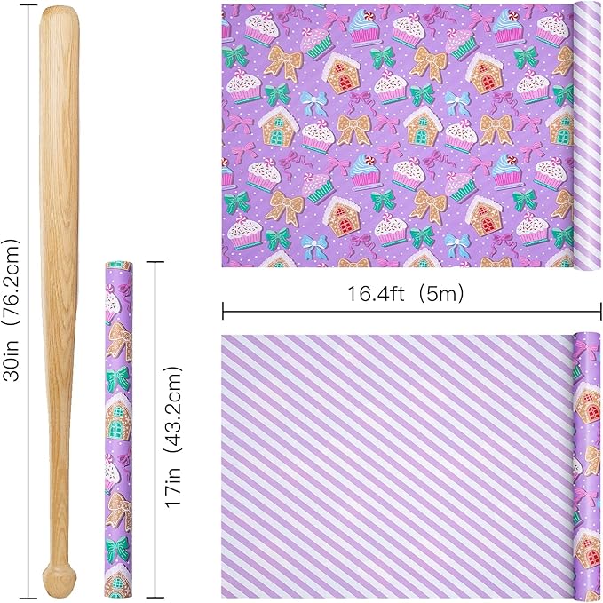 RUSPEPA Christmas Reversible Wrapping Paper Roll for Kids Girls, Mini Roll, Purple Gingerbread Cookies, Candy Canes and White Purple Stripes Ideal for Holiday Gifts, Christmas, 17 Inches x 16.4 Feet