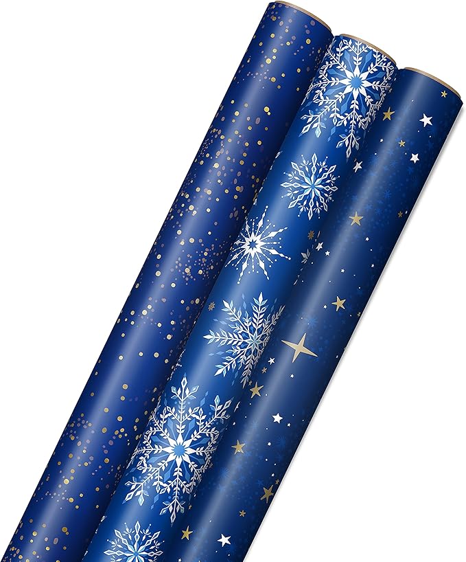 Hallmark Christmas Wrapping Paper Rolls - Navy Blue and Gold Stars, Snowflakes, Winter Galaxy Gift Wrap Paper (3 Rolls: 120 sq. ft. ttl.) for Holiday Parties, Hanukkah, Winter Weddings