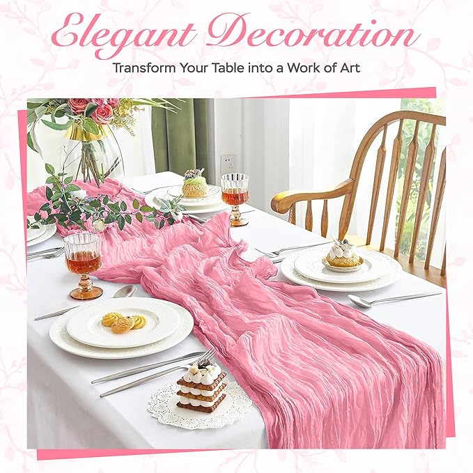 Cheesecloth Table Runner 6 Pack – 35x120 Inch (10ft) Boho Rustic Gauze Cloth Runners – Crinkle Polyester Table Decor for Wedding, Baby Shower, Bridal Shower, Birthday Party and More (Pink)